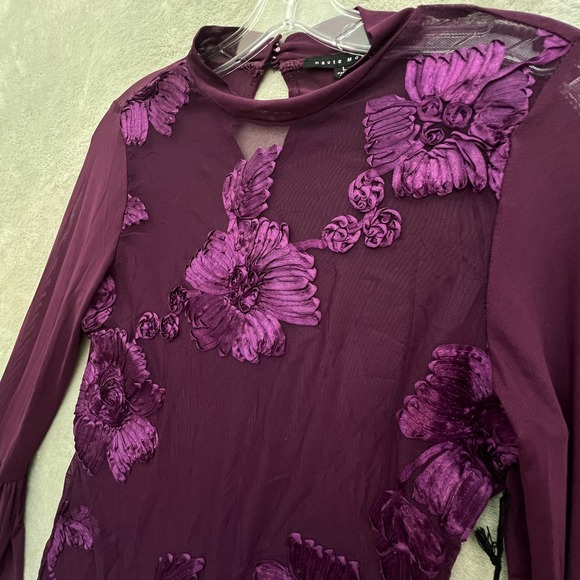 NWT Haute Monde Plum Mesh Floral Appliqué Bodysuit Bell Sleeve No Return - Picture 4 of 15